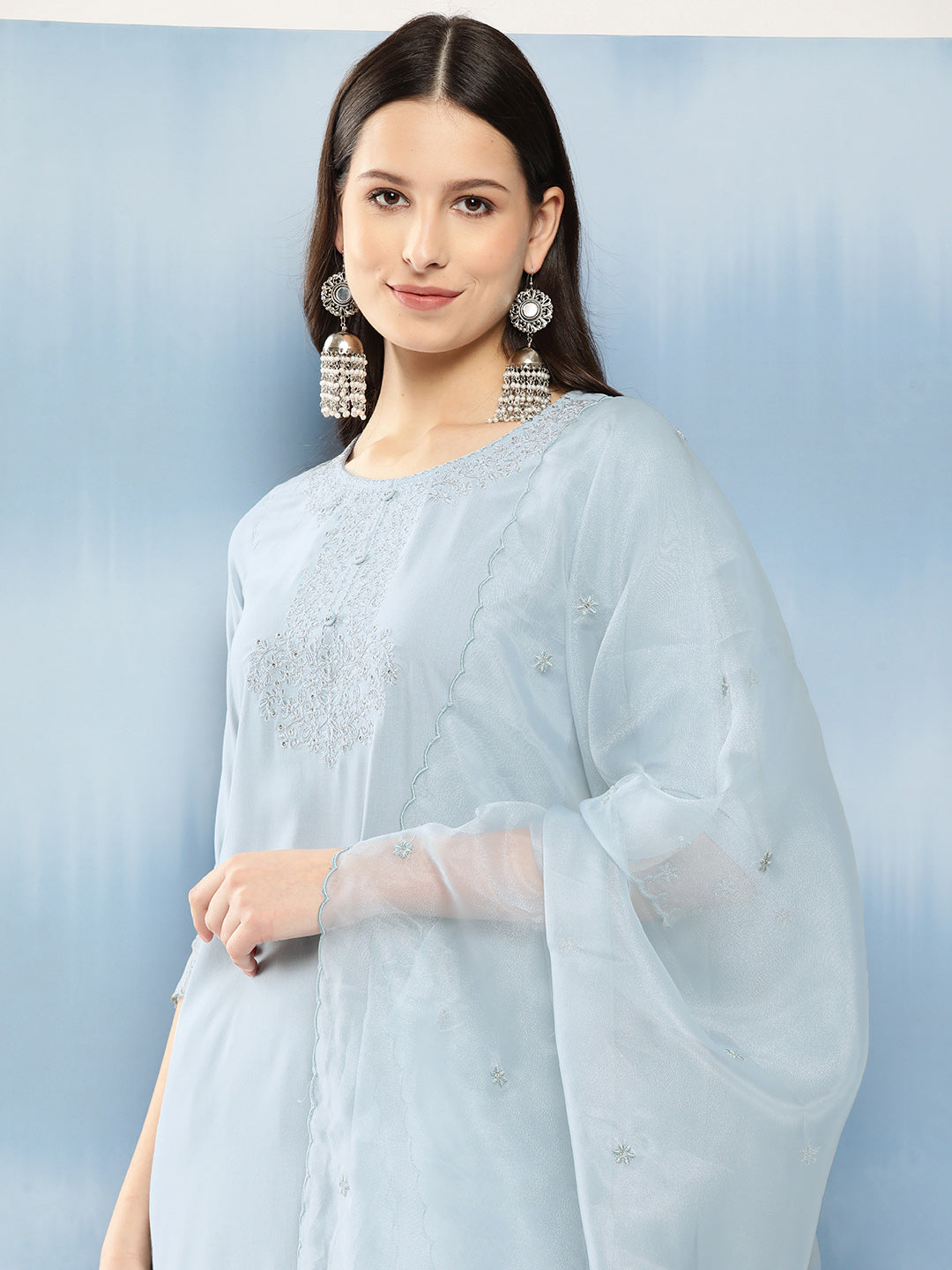 Women Blue Embroidered Straight Kurta With Palazzo And Net Dupatta | LASVINI - Redefining Indian Fashion with Elegance