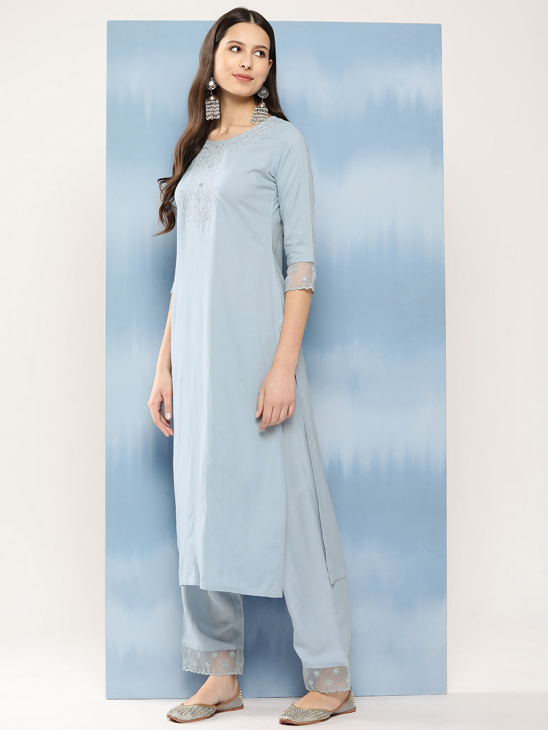Women Blue Embroidered Straight Kurta With Palazzo And Net Dupatta | LASVINI - Redefining Indian Fashion with Elegance