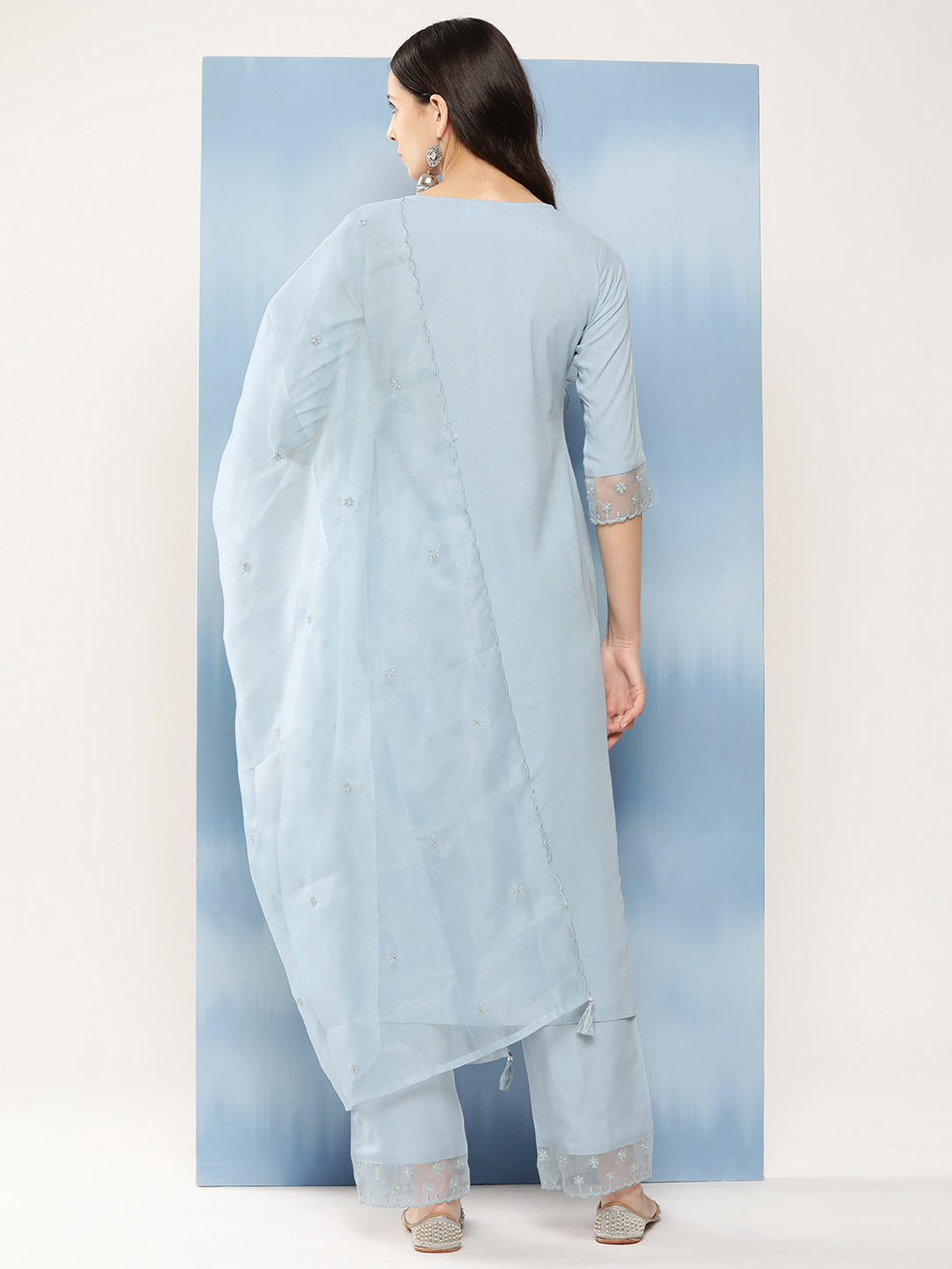 Women Blue Embroidered Straight Kurta With Palazzo And Net Dupatta | LASVINI - Redefining Indian Fashion with Elegance