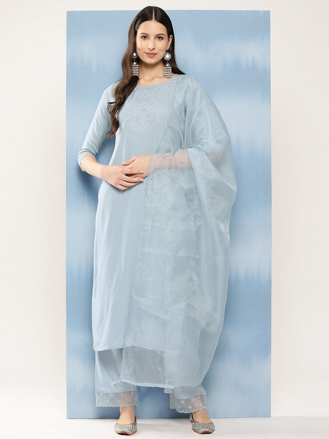 Women Blue Embroidered Straight Kurta With Palazzo And Net Dupatta | LASVINI - Redefining Indian Fashion with Elegance