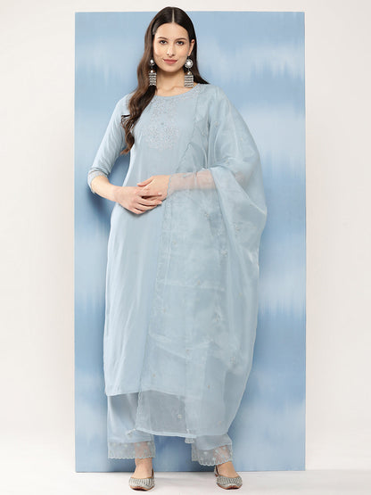 Women Blue Embroidered Straight Kurta With Palazzo And Net Dupatta | LASVINI - Redefining Indian Fashion with Elegance