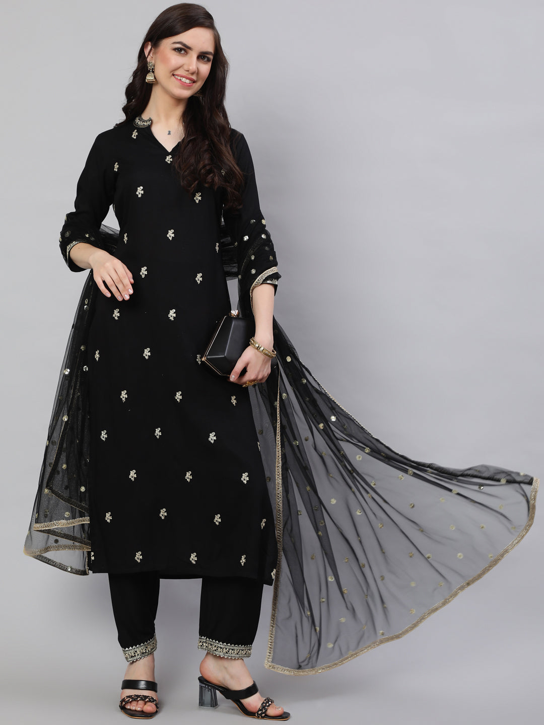 Women Black Embroidered Straight Kurta With Trouser And Net Dupatta | LASVINI - Redefining Indian Fashion with Elegance