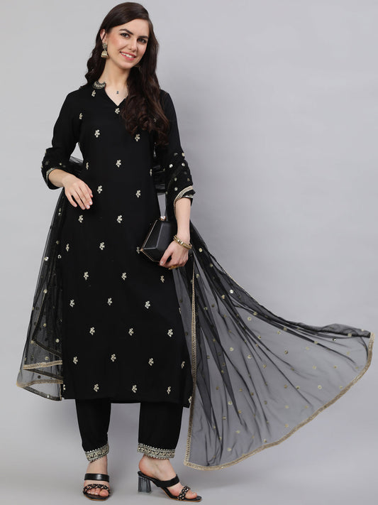 Women Black Embroidered Straight Kurta With Trouser And Net Dupatta | LASVINI - Redefining Indian Fashion with Elegance