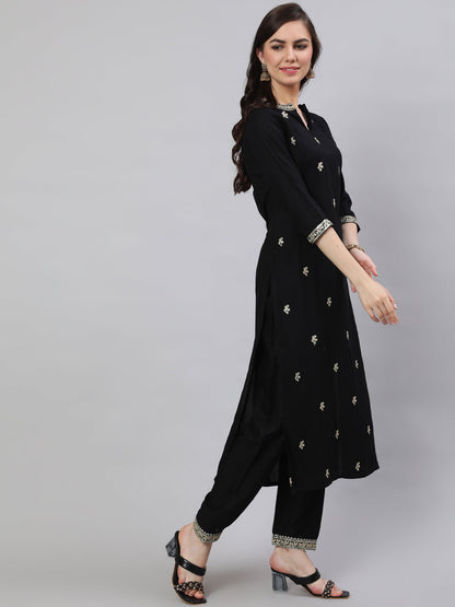 Women Black Embroidered Straight Kurta With Trouser And Net Dupatta | LASVINI - Redefining Indian Fashion with Elegance