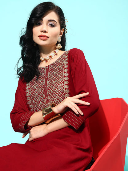 Women Maroon Embroidered Yoke Design Straight Kurta | LASVINI - Redefining Indian Fashion with Elegance