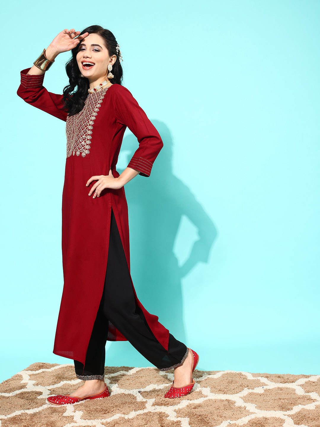 Women Maroon Embroidered Yoke Design Straight Kurta | LASVINI - Redefining Indian Fashion with Elegance