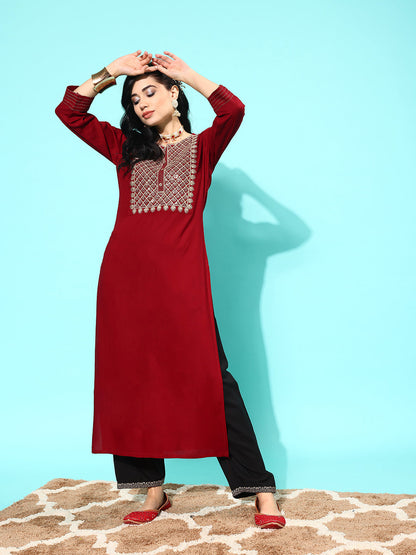 Women Maroon Embroidered Yoke Design Straight Kurta | LASVINI - Redefining Indian Fashion with Elegance
