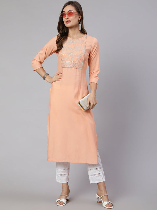 Women Peach Embroidered Straight Kurta With Three Quarter Sleeves | LASVINI - Redefining Indian Fashion with Elegance