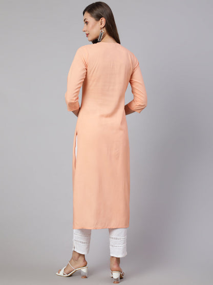 Women Peach Embroidered Straight Kurta With Three Quarter Sleeves | LASVINI - Redefining Indian Fashion with Elegance