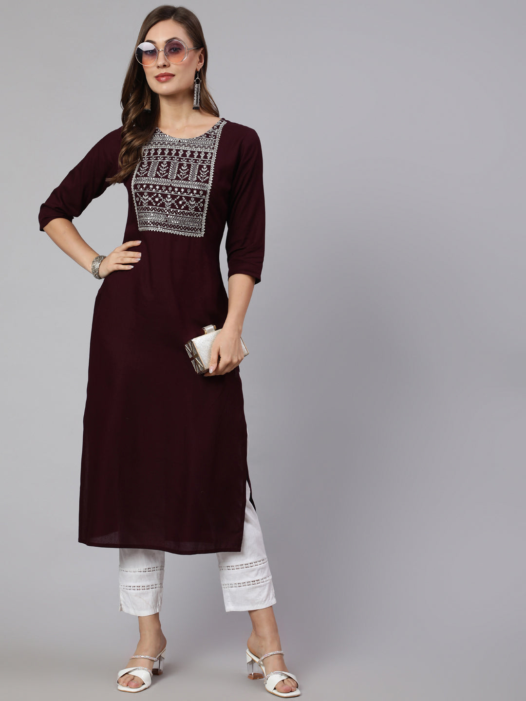 Women Burgundy Embroidered Straight Kurta With Three Quarter Sleeves | LASVINI - Redefining Indian Fashion with Elegance