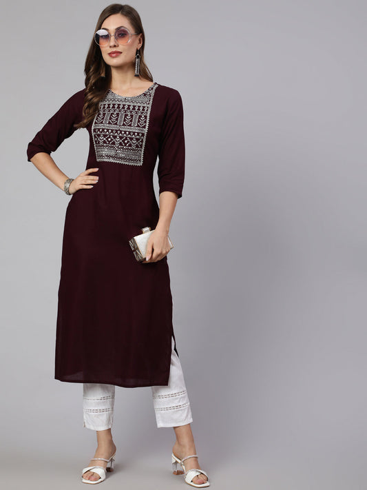 Women Burgundy Embroidered Straight Kurta With Three Quarter Sleeves | LASVINI - Redefining Indian Fashion with Elegance