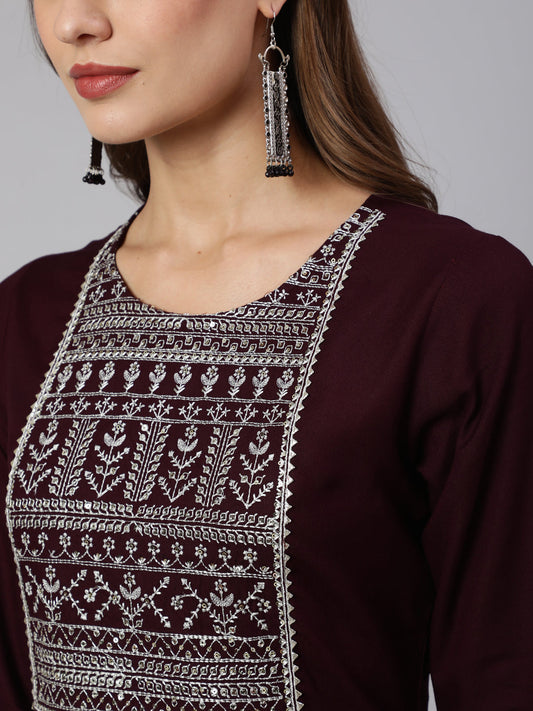Women Burgundy Embroidered Straight Kurta With Three Quarter Sleeves | LASVINI - Redefining Indian Fashion with Elegance