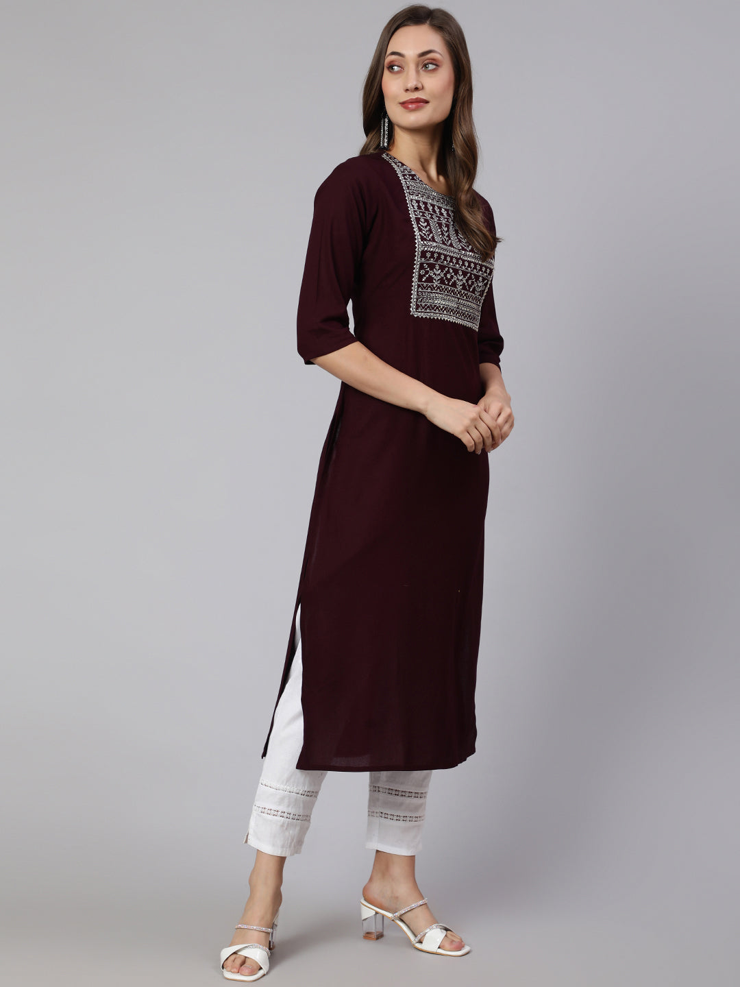 Women Burgundy Embroidered Straight Kurta With Three Quarter Sleeves | LASVINI - Redefining Indian Fashion with Elegance