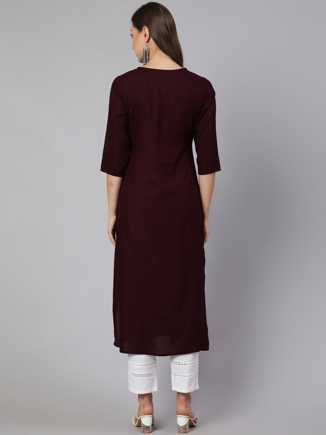 Women Burgundy Embroidered Straight Kurta With Three Quarter Sleeves | LASVINI - Redefining Indian Fashion with Elegance