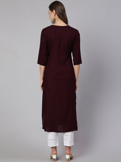 Women Burgundy Embroidered Straight Kurta With Three Quarter Sleeves | LASVINI - Redefining Indian Fashion with Elegance