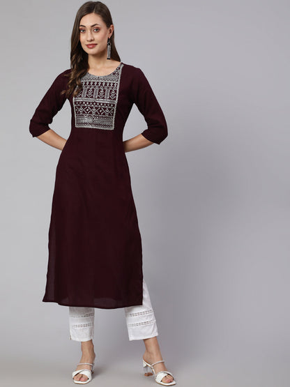 Women Burgundy Embroidered Straight Kurta With Three Quarter Sleeves | LASVINI - Redefining Indian Fashion with Elegance