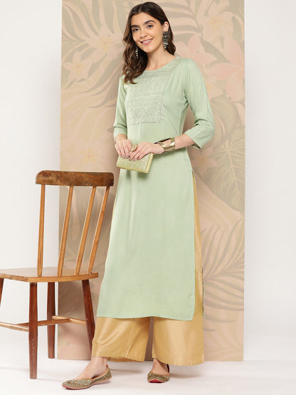 Women Green Embroidered Printed Straight Kurta With Three Quarter Sleeves | LASVINI - Redefining Indian Fashion with Elegance