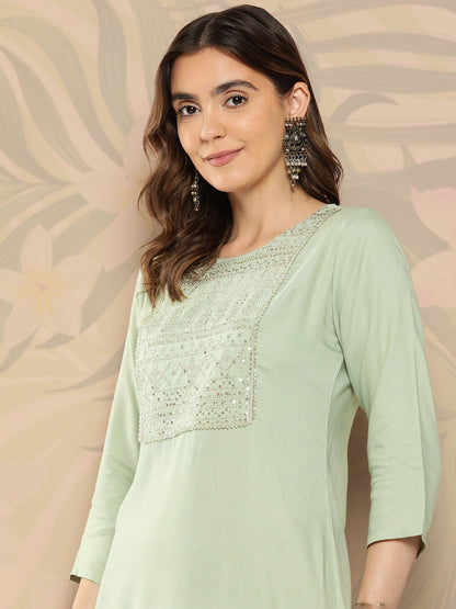 Women Green Embroidered Printed Straight Kurta With Three Quarter Sleeves | LASVINI - Redefining Indian Fashion with Elegance