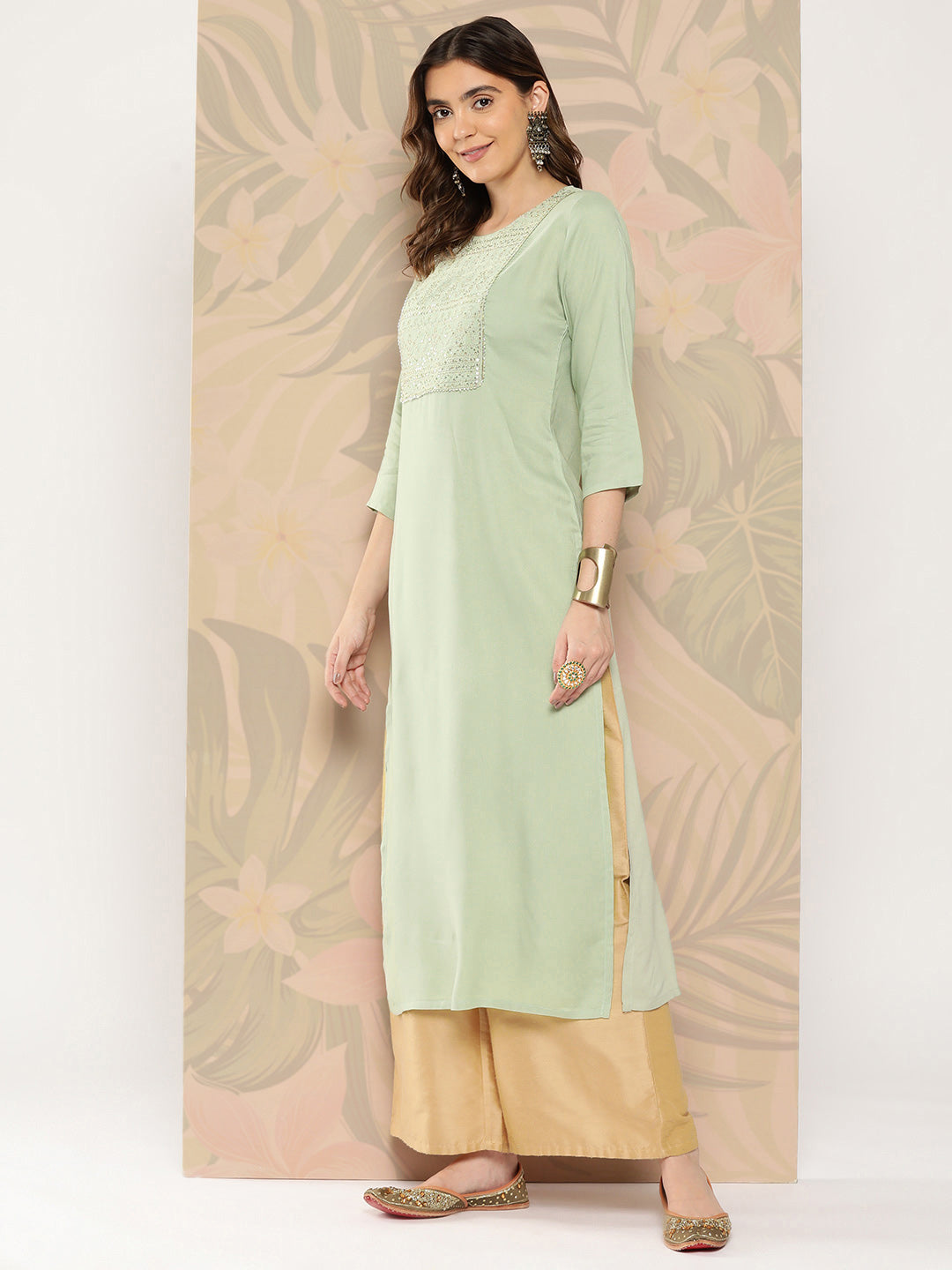 Women Green Embroidered Printed Straight Kurta With Three Quarter Sleeves | LASVINI - Redefining Indian Fashion with Elegance