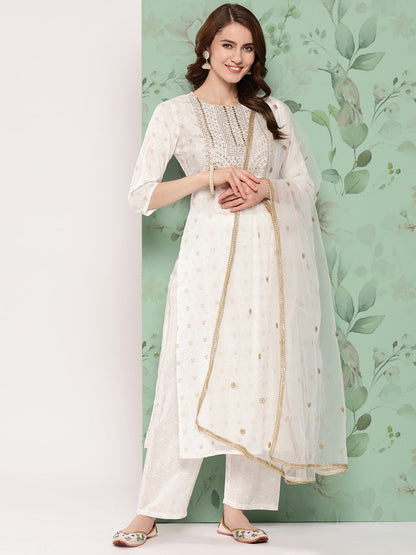 Women Off White Embroidered Straight Kurta With Palazzo And Net Dupatta | LASVINI - Redefining Indian Fashion with Elegance