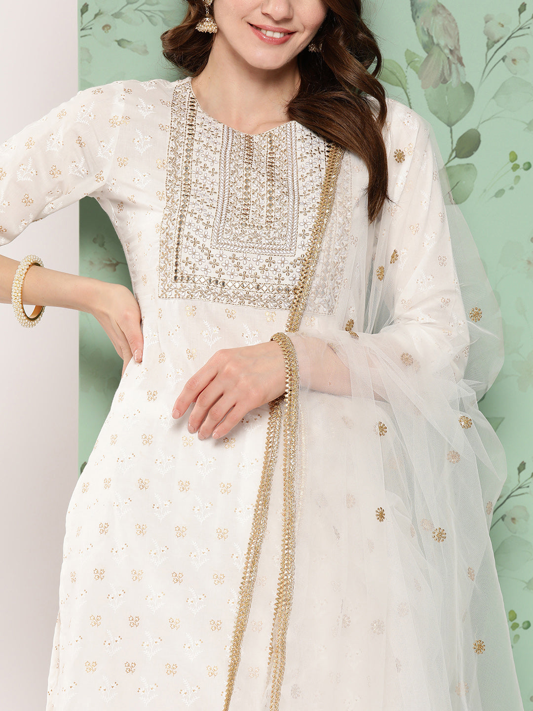 Women Off White Embroidered Straight Kurta With Palazzo And Net Dupatta | LASVINI - Redefining Indian Fashion with Elegance
