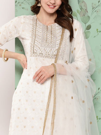 Women Off White Embroidered Straight Kurta With Palazzo And Net Dupatta | LASVINI - Redefining Indian Fashion with Elegance