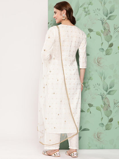 Women Off White Embroidered Straight Kurta With Palazzo And Net Dupatta | LASVINI - Redefining Indian Fashion with Elegance