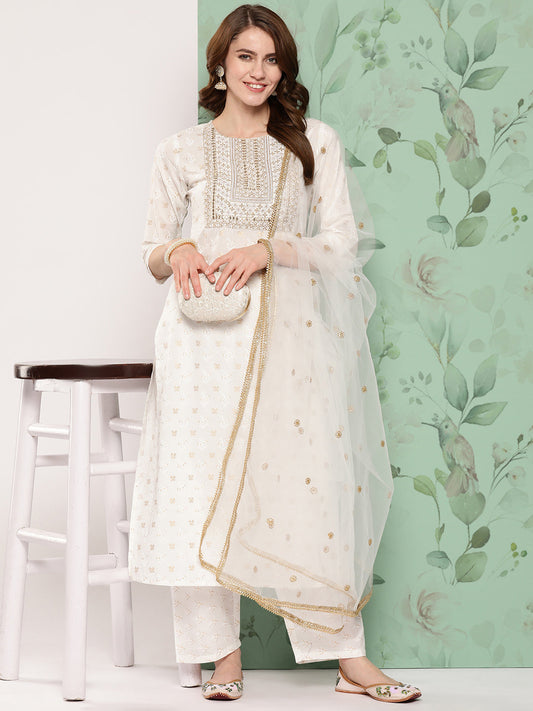 Women Off White Embroidered Straight Kurta With Palazzo And Net Dupatta | LASVINI - Redefining Indian Fashion with Elegance