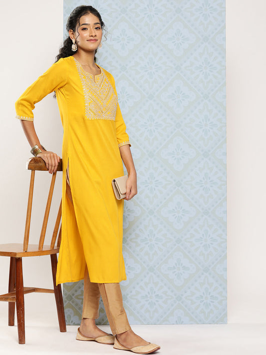 Women Yellow Embroidered Yoke Design Straight Kurta | LASVINI - Redefining Indian Fashion with Elegance