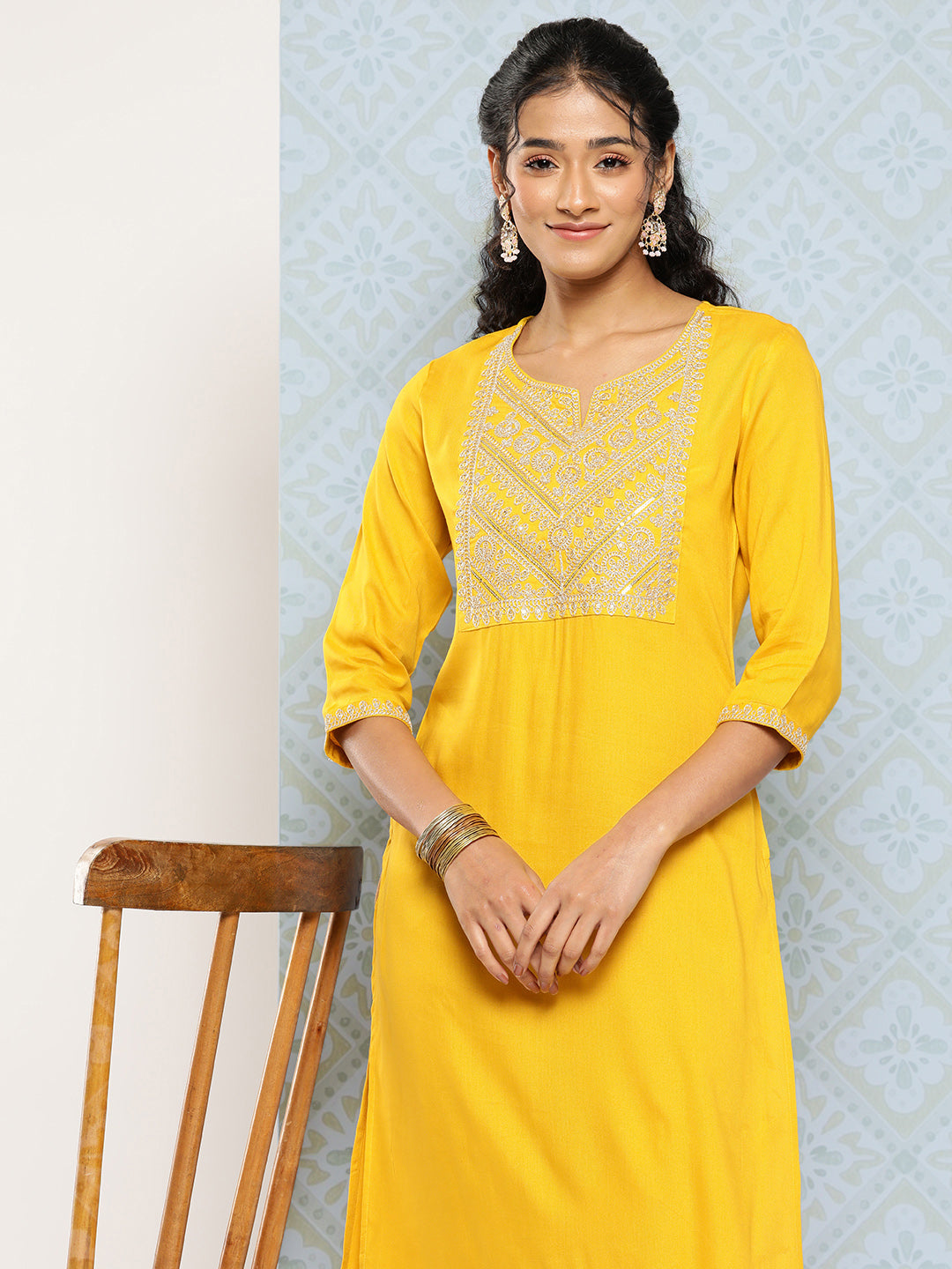 Women Yellow Embroidered Yoke Design Straight Kurta | LASVINI - Redefining Indian Fashion with Elegance