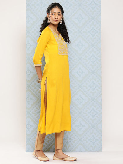 Women Yellow Embroidered Yoke Design Straight Kurta | LASVINI - Redefining Indian Fashion with Elegance