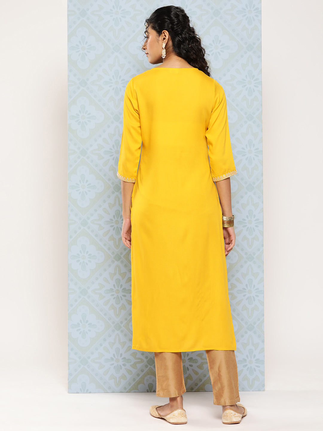 Women Yellow Embroidered Yoke Design Straight Kurta | LASVINI - Redefining Indian Fashion with Elegance