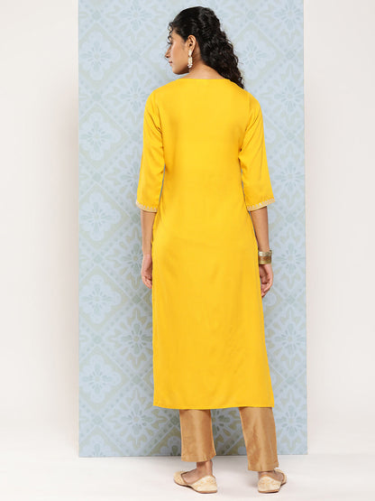 Women Yellow Embroidered Yoke Design Straight Kurta | LASVINI - Redefining Indian Fashion with Elegance