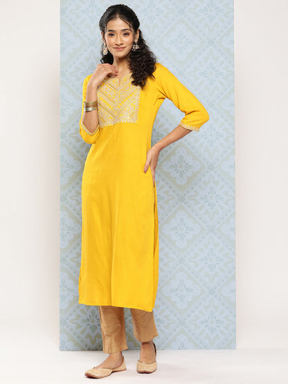 Women Yellow Embroidered Yoke Design Straight Kurta | LASVINI - Redefining Indian Fashion with Elegance
