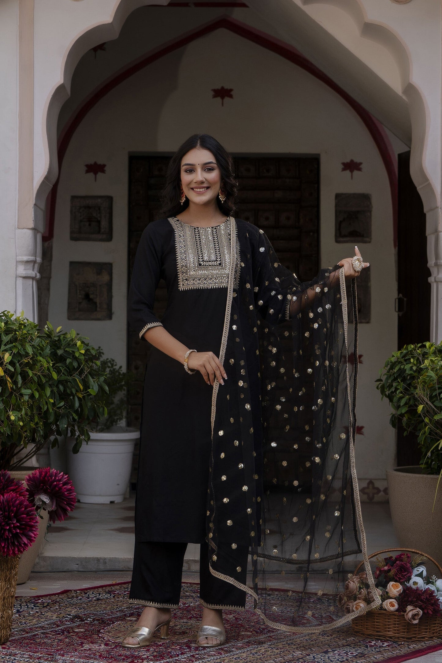 Women Black Embroidered Straight Kurta With Palazzo And Net Dupatta | LASVINI - Redefining Indian Fashion with Elegance