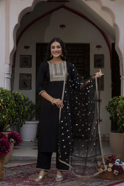 Women Black Embroidered Straight Kurta With Palazzo And Net Dupatta | LASVINI - Redefining Indian Fashion with Elegance