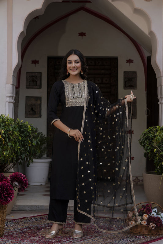 Women Black Embroidered Straight Kurta With Palazzo And Net Dupatta | LASVINI - Redefining Indian Fashion with Elegance