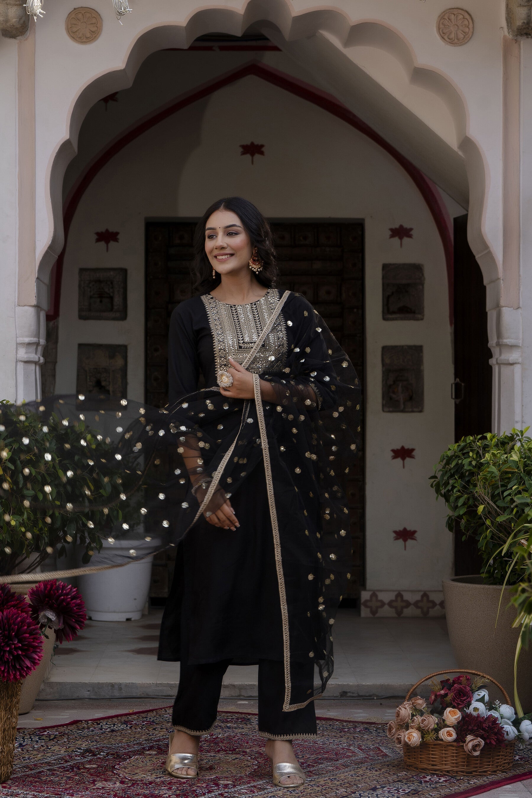 Women Black Embroidered Straight Kurta With Palazzo And Net Dupatta | LASVINI - Redefining Indian Fashion with Elegance