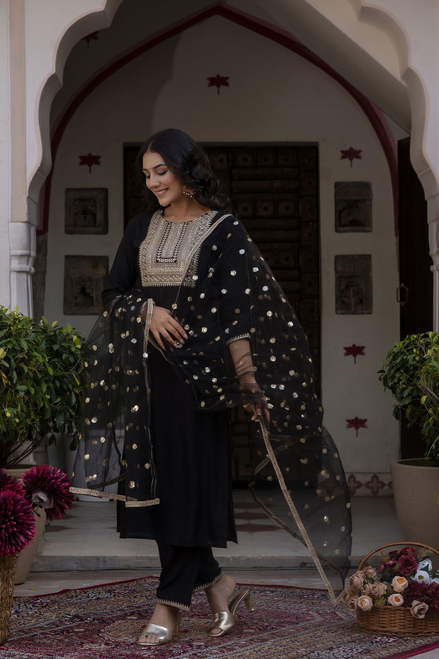 Women Black Embroidered Straight Kurta With Palazzo And Net Dupatta | LASVINI - Redefining Indian Fashion with Elegance