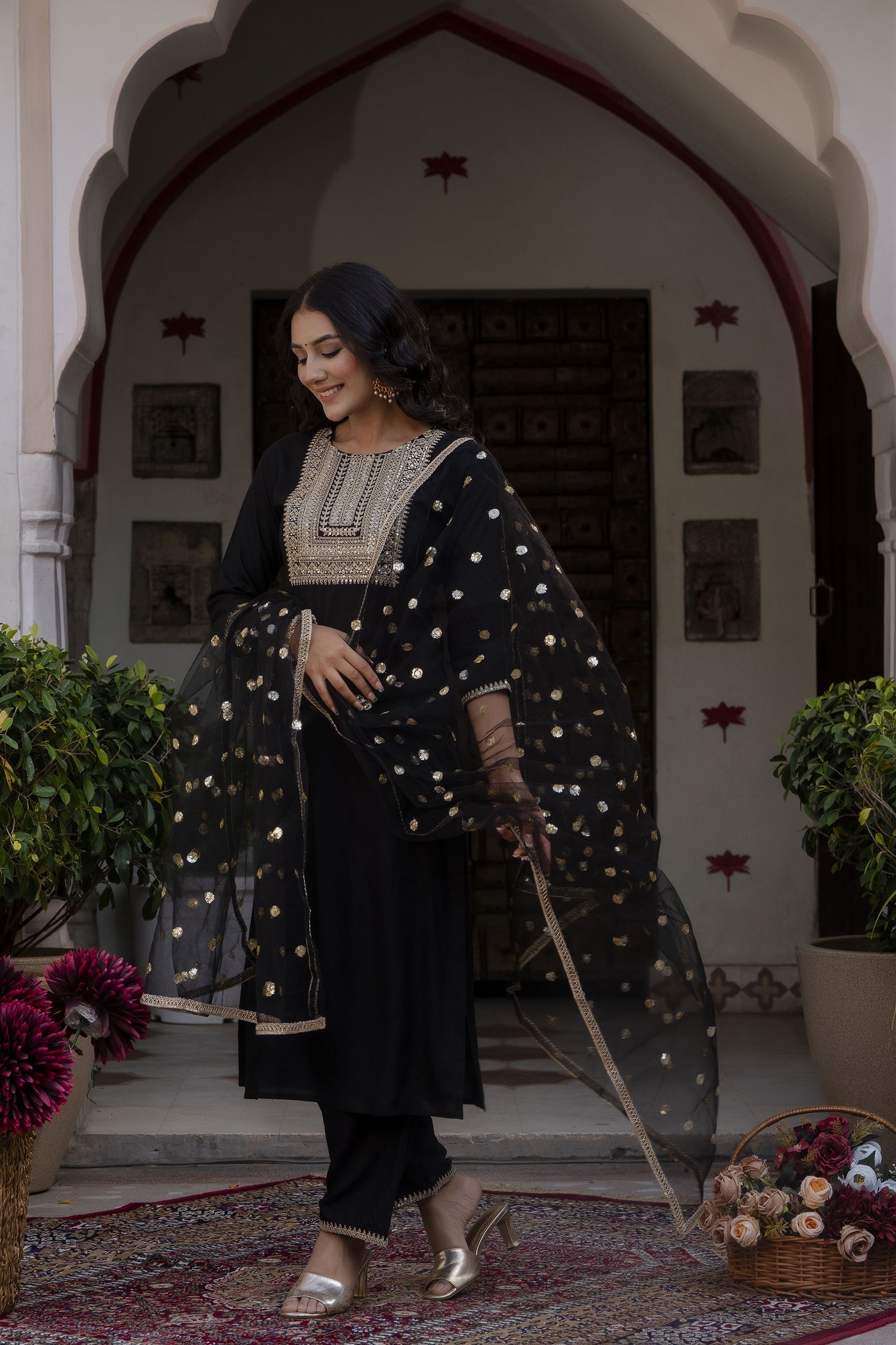 Women Black Embroidered Straight Kurta With Palazzo And Net Dupatta | LASVINI - Redefining Indian Fashion with Elegance