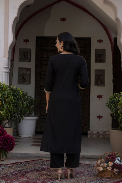 Women Black Embroidered Straight Kurta With Palazzo And Net Dupatta | LASVINI - Redefining Indian Fashion with Elegance