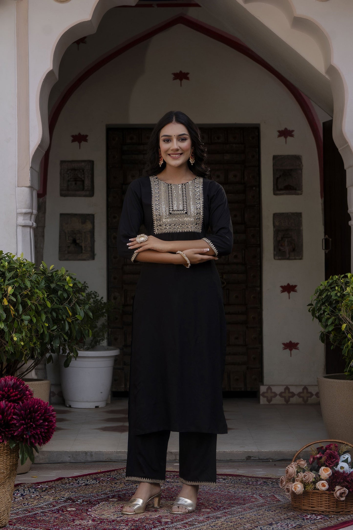 Women Black Embroidered Straight Kurta With Palazzo And Net Dupatta | LASVINI - Redefining Indian Fashion with Elegance