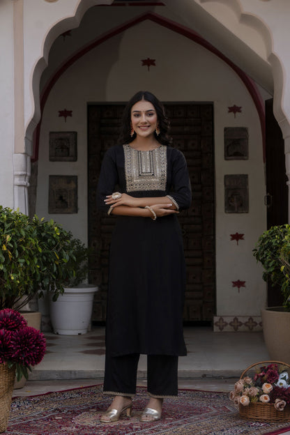 Women Black Embroidered Straight Kurta With Palazzo And Net Dupatta | LASVINI - Redefining Indian Fashion with Elegance