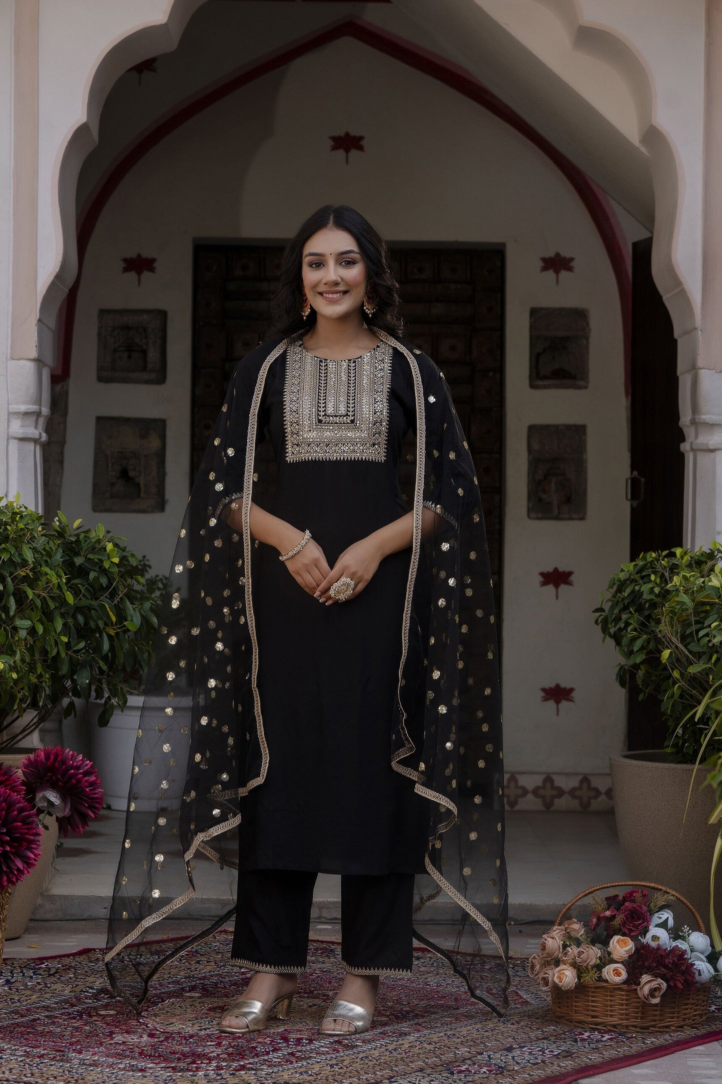 Women Black Embroidered Straight Kurta With Palazzo And Net Dupatta | LASVINI - Redefining Indian Fashion with Elegance