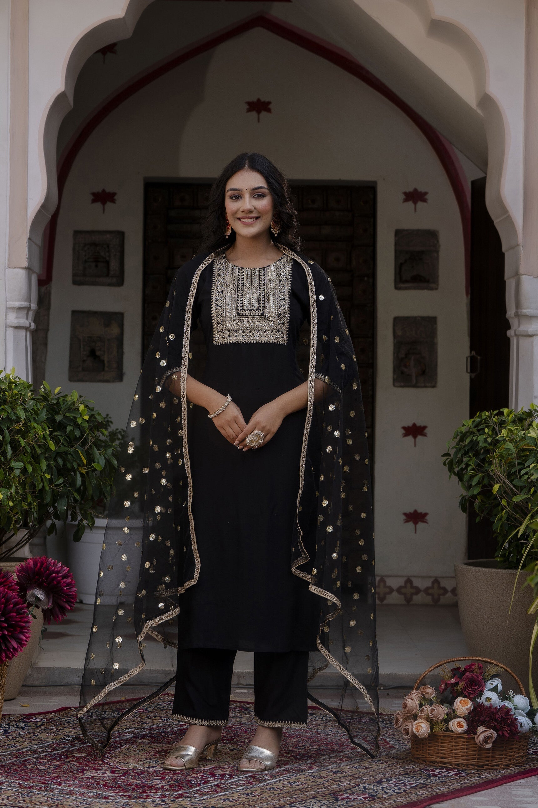 Women Black Embroidered Straight Kurta With Palazzo And Net Dupatta | LASVINI - Redefining Indian Fashion with Elegance