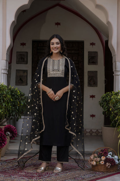 Women Black Embroidered Straight Kurta With Palazzo And Net Dupatta | LASVINI - Redefining Indian Fashion with Elegance