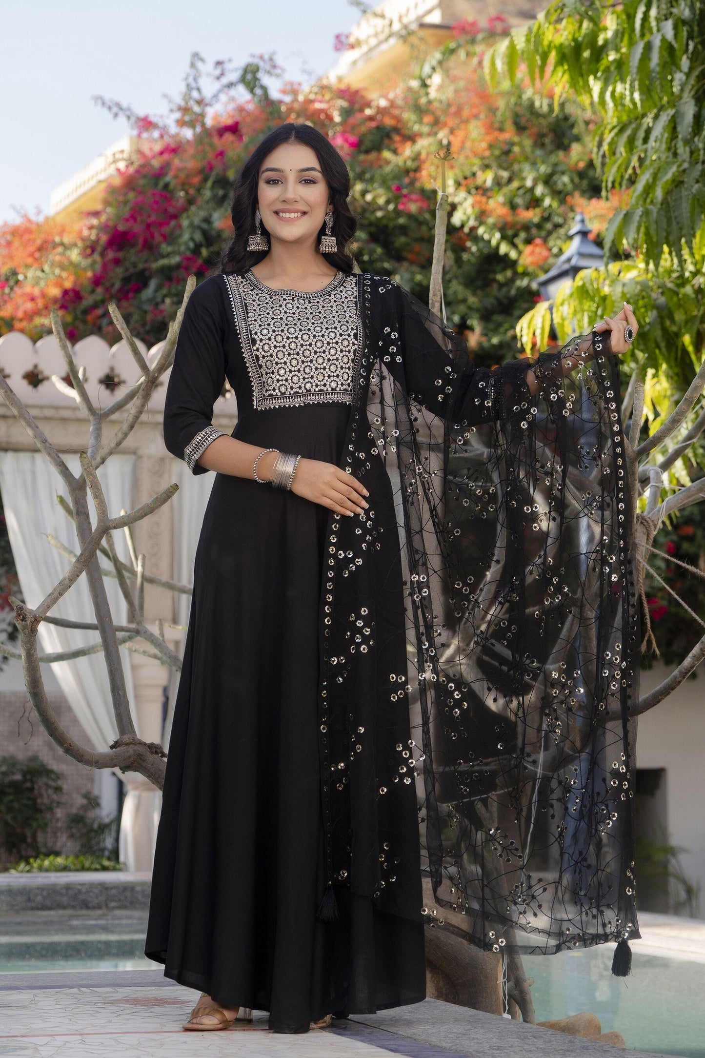 Women Black Embroidered Solid Dress With Net Sequence Dupatta | LASVINI - Redefining Indian Fashion with Elegance