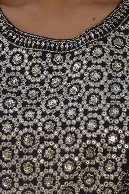 Women Black Embroidered Solid Dress With Net Sequence Dupatta | LASVINI - Redefining Indian Fashion with Elegance