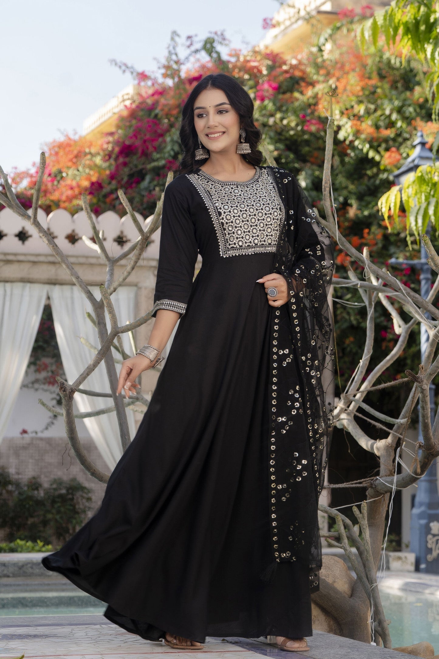 Women Black Embroidered Solid Dress With Net Sequence Dupatta | LASVINI - Redefining Indian Fashion with Elegance