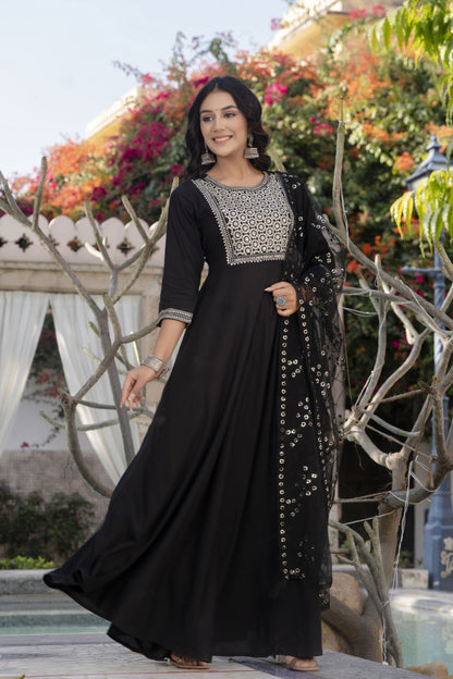 Women Black Embroidered Solid Dress With Net Sequence Dupatta | LASVINI - Redefining Indian Fashion with Elegance